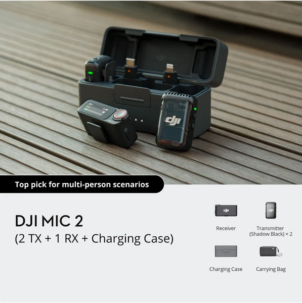 DJI Mic 2 Wireless Mic System Dual Microphone Kit  (2 TX + 1 RX + Charging Case)