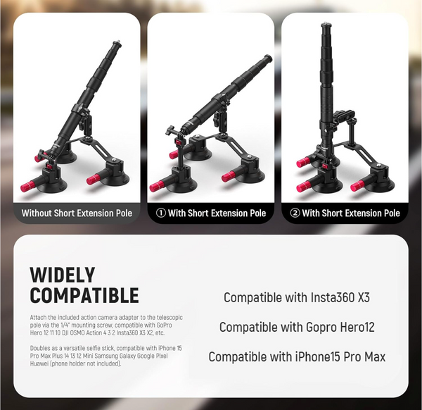 NEEWER Triple Suction Cup Car Mount Kit with 2in1 Extension Pole/Selfie Stick