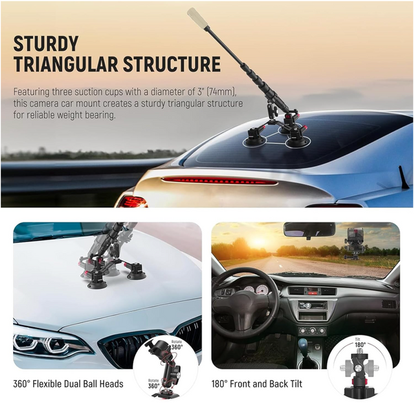 NEEWER Triple Suction Cup Car Mount Kit with 2in1 Extension Pole/Selfie Stick